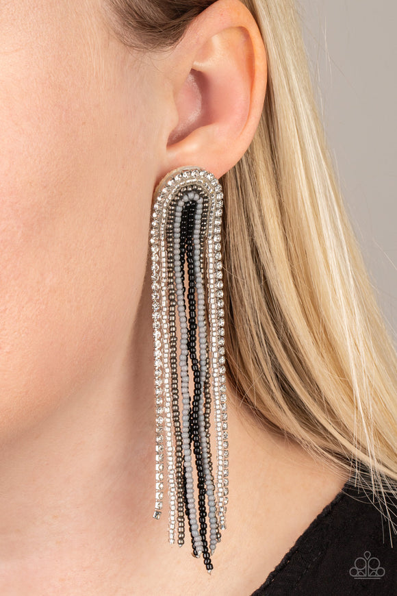 Let There BEAD Light - Black - Paparazzi Accessories -  Item #P5PO-BKXX-149XX Mismatched strands of black, silver, gray, clear, and gunmetal seed beads and a glittery strand of white rhinestones delicately curls into a beaded rainbow-like tassel. Earring attaches to a standard post fitting.  Sold as one pair of post earrings.