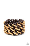 Cozy in Cozumel - Brown - Paparazzi Accessories -  Item #P9SE-BNXX-156XX A collection of dainty tan wooden beads and brown wooden discs are threaded along knotted stretchy bands, creating a tropical floral pattern around the wrist.  Sold as one individual bracelet.