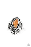 Palm Princess - Orange  Item #P4SE-OGXX-103XX A palm-like silver feather curls around an asymmetrical orange stone that is nestled inside a decorative silver frame for a seasonal flair. Features a stretchy band for a flexible fit.  Sold as one individual ring.