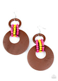 Beach Day Drama - Multi - Paparazzi Accessories -  Item #P5SE-MTXX-114XX Pink and yellow wooden beaded links connect together a brown wooden ring and an oversized brown wooden crescent-like hoop, creating a vivaciously earthy lure. Earring attaches to a standard fishhook fitting.  Sold as one pair of earrings.