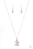 Stormy Shimmer - Pink - Paparazzi Accessories -  Item #P2RE-PKXX-290XX An illusion of dainty pink rhinestones collect inside a faceted white teardrop gem, creating a glittery pendant below the collar. Features an adjustable clasp closure.  Sold as one individual necklace. Includes one pair of matching earrings.