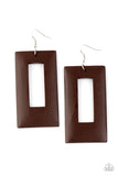 Totally Framed - Brown - Paparazzi Accessories -  Item #P5SE-BNXX-124XX Brushed in a neutral brown finish, a thick rectangular wooden frame swings from the ear for a retro look. Earring attaches to a standard fishhook fitting.  Sold as one pair of earrings.