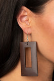 Totally Framed - Brown - Paparazzi Accessories -  Item #P5SE-BNXX-124XX Brushed in a neutral brown finish, a thick rectangular wooden frame swings from the ear for a retro look. Earring attaches to a standard fishhook fitting.  Sold as one pair of earrings.