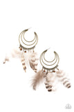 Freely Free Bird - Brass - Paparazzi Accessories -  Item #P5HO-BRXX-075XX Whimsical feathers and wooden cube beads swing from the outer edge of a layered brass hoop that ripples out into an airy crescent. Earring attaches to a standard post fitting. Hoop measures approximately 2 1/4" in diameter.  Sold as one pair of hoop earrings.