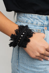 Homespun Hardware - Black - Paparazzi Accessories -  Item #P9SE-BKXX-235XX Black thread decoratively knots around an airy silver cuff, creating a macramé inspired fringe around the wrist.  Sold as one individual bracelet.