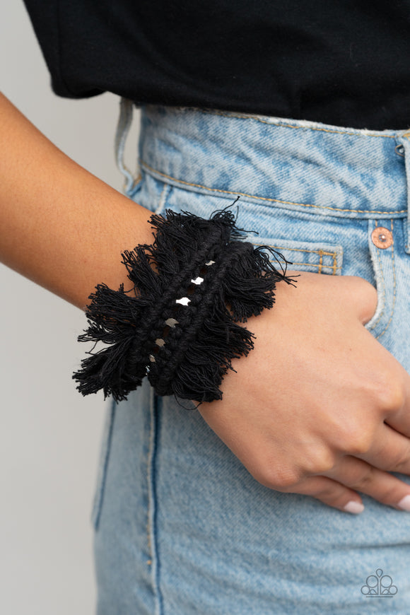 Homespun Hardware - Black - Paparazzi Accessories -  Item #P9SE-BKXX-235XX Black thread decoratively knots around an airy silver cuff, creating a macramé inspired fringe around the wrist.  Sold as one individual bracelet.