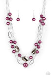 Fluent In Affluence - Purple - Paparazzi Accessories -  Item #P2RE-PRXX-225XX A mismatched collection of pearly purple beads, shimmery silver ovals, and metallic flecked crystal-like gems link into two polished rows below the collar, creating colorfully timeless layers. Feature an adjustable clasp closure.  Sold as one individual necklace. Includes one pair of matching earrings.