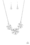 Effortlessly Efflorescent - White - Paparazzi Accessories -  Item #P2WH-WTXX-271XX Dotted with glassy white rhinestone centers, a trio of white cat's eye stone petaled flowers blossom below the collar for an enchanted look. Features an adjustable clasp closure.  Sold as one individual necklace. Includes one pair of matching earrings.