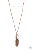 Feather Flair - Copper - Paparazzi Accessories -  Item #P2WH-CPXX-154XX Varying in antiqued, glassy, and polished finishes, a collection of copper and white beads and a dainty copper feather charm clusters at the bottom of a lengthened copper chain. Featuring lifelike detail, an oversized copper feather pendant swings from the bottom of the whimsical display for a free-spirited finish. Features an adjustable clasp closure.  Sold as one individual necklace. Includes one pair of matching earrings.