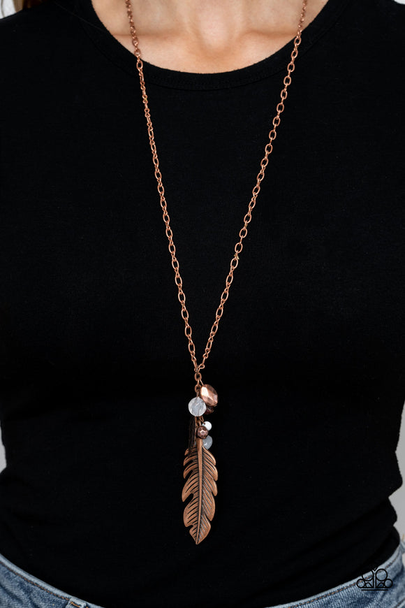 Feather Flair - Copper - Paparazzi Accessories -  Item #P2WH-CPXX-154XX Varying in antiqued, glassy, and polished finishes, a collection of copper and white beads and a dainty copper feather charm clusters at the bottom of a lengthened copper chain. Featuring lifelike detail, an oversized copper feather pendant swings from the bottom of the whimsical display for a free-spirited finish. Features an adjustable clasp closure.  Sold as one individual necklace. Includes one pair of matching earrings.