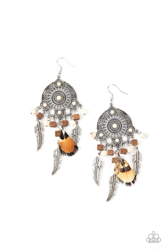 Desert Plains - White - Paparazzi Accessories -  Item #P5ST-WTXX-019XX Radiating with studded patterns, a white stone dotted silver frame gives way to a whimsical collection of silver feather charms, wooden cube beads, refreshing white stones, and a brown feather, creating a whimsical fringe. Earring attaches to a standard fishhook fitting.  Sold as one pair of earrings.