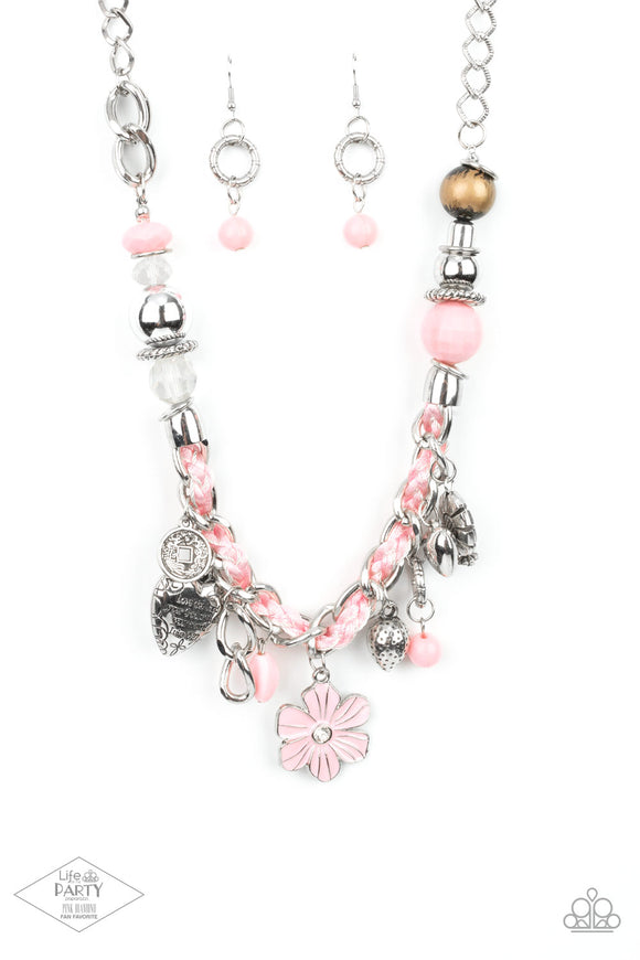 Charmed, I Am Sure - Pink - Paparazzi Accessories -  Item #P2WH-PKXX-412XX Pink cording is braided through a chunky silver chain. A unique variety of charms decorate the piece including a delicate flower and a heart inscribed with the phrase 