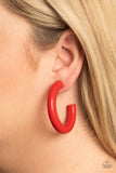 Woodsy Wonder - Red - Paparazzi Accessories -  Item #P5HO-RDXX-021XX Painted in a fiery red finish, a thick wood hoop curls around the ear for a flirtatiously colorful look. Earring attaches to a standard post fitting. Hoop measures approximately 2" in diameter.  Sold as one pair of hoop earrings.