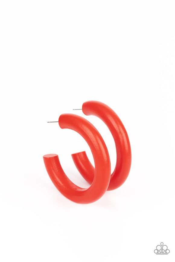 Woodsy Wonder - Red - Paparazzi Accessories -  Item #P5HO-RDXX-021XX Painted in a fiery red finish, a thick wood hoop curls around the ear for a flirtatiously colorful look. Earring attaches to a standard post fitting. Hoop measures approximately 2
