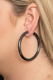 Curve Ball - Black - Paparazzi Accessories -  Item #P5HO-BKXX-185XX A thick gunmetal bar delicately curls into a glistening oversized hoop for a retro look. Earring attaches to a standard post fitting. Hoop measures approximately 2 1/4" in diameter.  Sold as one pair of hoop earrings.