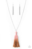 Totally Tasseled - Pink - Paparazzi Accessories -  Item #P2SE-PKXX-184XX A knotted tassel gradually fades from Rose Tan to brown at the bottom of a lengthened silver chain, creating a colorful pendant. Features an adjustable clasp closure.  Sold as one individual necklace. Includes one pair of matching earrings.