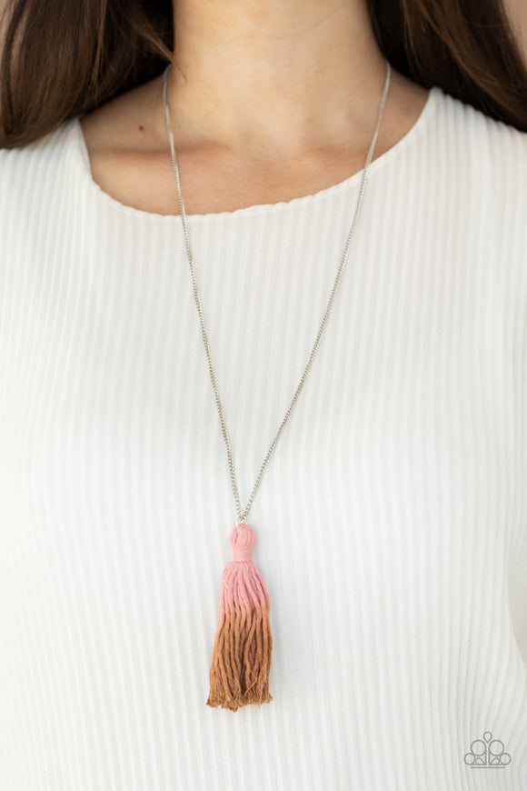 Totally Tasseled - Pink - Paparazzi Accessories -  Item #P2SE-PKXX-184XX A knotted tassel gradually fades from Rose Tan to brown at the bottom of a lengthened silver chain, creating a colorful pendant. Features an adjustable clasp closure.  Sold as one individual necklace. Includes one pair of matching earrings.