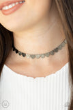 Playing HEART To Get - Black - Paparazzi Accessories - Item #P2CH-BKXX-060XX Featuring a shimmery scratch finish, a dainty collection of shiny gunmetal heart frames connect around the neck for a flirtatious look. Feature an adjustable clasp closure.  Sold as one individual choker necklace. Includes one pair of matching earrings.