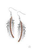 Fearless Flock - Brown - Paparazzi Accessories -  Item #P5RE-BNXX-100XX A row of dainty topaz rhinestones are encrusted down the spine of a lifelike silver feather, creating a refined frame. Earring attaches to a standard fishhook fitting.  Sold as one pair of earrings.