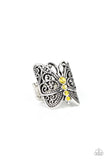 Butterfly Bling - Yellow - Paparazzi Accessories -  Item #P4WH-YWXX-135XX A row of glittery Illuminating rhinestones adorns the center of a shiny silver butterfly featuring whimsically studded filigree wings. Features a stretchy band for a flexible fit.  Sold as one individual ring.