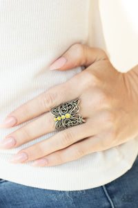 Butterfly Bling - Yellow - Paparazzi Accessories -  Item #P4WH-YWXX-135XX A row of glittery Illuminating rhinestones adorns the center of a shiny silver butterfly featuring whimsically studded filigree wings. Features a stretchy band for a flexible fit.  Sold as one individual ring.