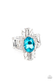 Icy Icon - Blue - Paparazzi Accessories -  Item #P4RE-BLXX-212XX An icy collection of round, marquise, and emerald style white rhinestones radiate out from a blue gem center, creating a glamorous centerpiece atop the finger. Features a stretchy band for a flexible fit.  Sold as one individual ring.