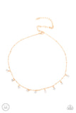 Dainty Diva - Gold - Paparazzi Accessories -  Item #P2CH-GDXX-038XX Glassy white rhinestones swing from a dainty gold chain, creating a glamorous fringe around the neck. Features an adjustable clasp closure.  Sold as one individual choker necklace. Includes one pair of matching earrings.