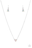 Downright Dainty - Multi - Paparazzi Accessories -  Item #P2DA-MTXX-058XX Encased in a sleek silver fitting, a triangular iridescent rhinestone attaches to a classic silver chain below the collar for a colorfully dainty look. Features an adjustable clasp closure.  Sold as one individual necklace. Includes one pair of matching earrings.