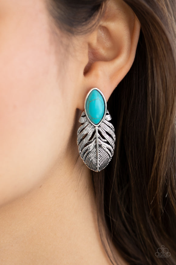 Rural Roadrunner - Blue -  Item #P5PO-BLXX-112XX Chiseled into a tranquil marquise shape, a refreshing turquoise stone is pressed into the top of an antiqued silver frame for a seasonal look. Earring attaches to a standard post fitting.  Sold as one pair of post earrings.