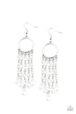 Dazzling Delicious - White - Paparazzi Accessories -  Item #P5RE-WTXX-486XX Glittery rows of iridescent white crystal-like beads stream from the bottom of a dainty silver hoop, creating a dazzling chandelier. Earring attaches to a standard fishhook fitting.  Sold as one pair of earrings.