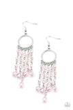 Dazzling Delicious - Pink - Paparazzi Accessories -  Item #P5RE-PKXX-216XX Glittery rows of iridescently pink crystal-like beads stream from the bottom of a dainty silver hoop, creating a dazzling chandelier. Earring attaches to a standard fishhook fitting.  Sold as one pair of earrings.