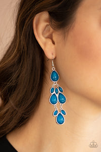 Superstar Social - Blue - Paparazzi Accessories -  Item #P5ST-BLXX-025XX Encased in sleek silver fittings, a glassy collection of marquise and teardrop blue beads delicately connect into a dramatically colorful lure. Earring attaches to a standard fishhook fitting.  Sold as one pair of earrings.