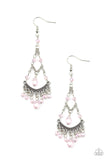 First In SHINE - Pink - Paparazzi Accessories -   Item #P5WH-PKXX-191XX Featuring an iridescent shimmer, a glittery collection of pink crystal-like beads link with shimmery silver chains that give way to a studded silver bar and colorful fringe. Earring attaches to a standard fishhook fitting.  Sold as one pair of earrings.