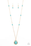 Go Tell It On The MESA - Gold - Paparazzi Accessories -  Item #P2SE-GDXX-094XX Dotted with turquoise stone beads, a lengthened gold chain gives way to a refreshing turquoise stone teardrop pendant for a simply seasonal finish. Features an adjustable clasp closure.  Sold as one individual necklace. Includes one pair of matching earrings.