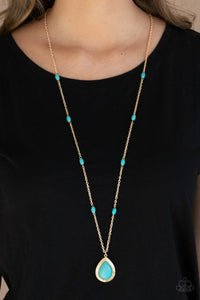 Go Tell It On The MESA - Gold - Paparazzi Accessories -  Item #P2SE-GDXX-094XX Dotted with turquoise stone beads, a lengthened gold chain gives way to a refreshing turquoise stone teardrop pendant for a simply seasonal finish. Features an adjustable clasp closure.  Sold as one individual necklace. Includes one pair of matching earrings.