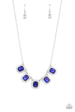 Next Level Luster - Blue - Paparazzi Accessories -  Item #P2RE-BLXX-307XX Bordered in glassy white rhinestones, sapphire blue emerald style rhinestone encrusted frames gorgeously link below the collar for a timeless fashion. Features an adjustable clasp closure.  Sold as one individual necklace. Includes one pair of matching earrings.