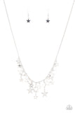 Stellar Stardom - Silver - Paparazzi Accessories -   Item #P2WH-SVXX-335XX A mismatched collection of shiny silver stars cascade from a dainty silver chain, creating a stellar fringe below the collar. Features an adjustable clasp closure.  Sold as one individual necklace. Includes one pair of matching earrings.