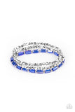 Elegant Essence - Blue - Paparazzi Accessories -   Item #P9DA-BLXX-083XX A pair of faceted silver beaded bracelets join a strand of glassy blue emerald style beads around the wrist, creating iridescently stretchy layers.  Sold as one set of three bracelets.