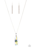 Rival-Worthy Refinement - Yellow - Paparazzi Accessories -  Item #P2RE-YWXX-080XX Featuring an iridescent shimmer, an elongated crystal-like teardrop swings from the bottom of a lengthened silver chain for a jaw-dropping look. Features an adjustable clasp closure.  Sold as one individual necklace. Includes one pair of matching earrings.