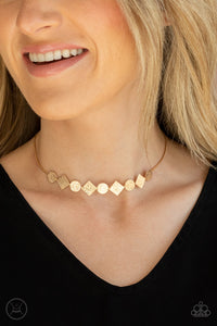 Dont Get Bent Out Of Shape - Gold - Paparazzi Accessories  Item #P2CH-GDXX-065XX Featuring shimmery scratched surfaces, a dainty collection of flat round and square gold frames adorn the front of a gold snake chain around the neck for a minimalist inspired look. Features an adjustable clasp closure.  Sold as one individual choker necklace. Includes one pair of matching earrings.