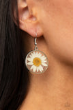 Forever Florals - White - Paparazzi Accessories -  Item #P5WH-WTXX-216XX Bordered in a silver fitting, a pressed daisy is encased inside a glassy frame for an enchanted floral look. Earring attaches to a standard fishhook fitting.  Sold as one pair of earrings.