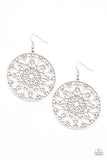 Make A MANDALA Out Of You - Silver - Paparazzi Accessories -  Item #P5WH-SVXX-221XX Decorative silver filigree fills the center of a silver hoop, creating a whimsical mandala pattern. Earring attaches to a standard fishhook fitting.  Sold as one pair of earrings.