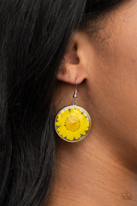 Forever Florals - Yellow - Paparazzi Accessories -   Item #P5WH-YWXX-165XX Bordered in a silver fitting, a pressed yellow daisy is encased inside a glassy frame for an enchanted floral look. Earring attaches to a standard fishhook fitting.  Sold as one pair of earrings.