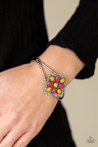 Happily Ever APPLIQUE - Multi - Paparazzi Accessories -  Item #P9WH-MTXX-119XX Orange and pink teardrop beads embellish a decoratively studded frame atop a textured silver cuff, creating a whimsical pop of color atop the wrist.  Sold as one individual bracelet.