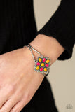 Happily Ever APPLIQUE - Multi - Paparazzi Accessories -  Item #P9WH-MTXX-119XX Orange and pink teardrop beads embellish a decoratively studded frame atop a textured silver cuff, creating a whimsical pop of color atop the wrist.  Sold as one individual bracelet.