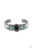 Artisan Ancestry - Black - Paparazzi Accessories -  Item #P9SE-BKXX-248XX Dotted with a pair of turquoise stone beads, silver floral filigree blooms out from an oval black stone centerpiece atop a studded silver cuff.  Sold as one individual bracelet.