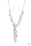 Dripping With DIVA-ttitude - White - Paparazzi Accessories -  Item #P2ST-WTXX-089XX Glassy, pearly, and silver beaded teardrops elegantly drip along a classic silver chain across the chest. Matching beads cascade from an extended tassel, creating a glamorously clustered pendant. Features an adjustable clasp closure.  Sold as one individual necklace. Includes one pair of matching earrings.  2021 LIFE OF THE PARTY (LOP) APRIL