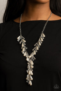 Dripping With DIVA-ttitude - White - Paparazzi Accessories -  Item #P2ST-WTXX-089XX Glassy, pearly, and silver beaded teardrops elegantly drip along a classic silver chain across the chest. Matching beads cascade from an extended tassel, creating a glamorously clustered pendant. Features an adjustable clasp closure.  Sold as one individual necklace. Includes one pair of matching earrings.  2021 LIFE OF THE PARTY (LOP) APRIL