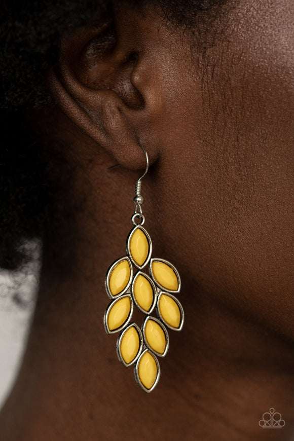 Flamboyant Foliage - Yellow - Paparazzi Accessories -  Item #P5WH-YWXX-158XX Encased in sleek silver frames, a collection of faceted Illuminating beads delicately coalesce into a colorfully leafy lure. Earring attaches to a standard fishhook fitting.  Sold as one pair of earrings.