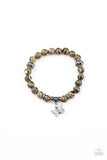 Butterfly Wishes - Yellow - Paparazzi Accessories -   Item #P9SE-URYW-067XX Swirling with yellow, black, and white accents, colorful stone beads and ornate silver accents are threaded along stretchy bands around the wrist. A dainty silver butterfly charm dangles from the display, adding a whimsical flair.  Sold as one individual bracelet.